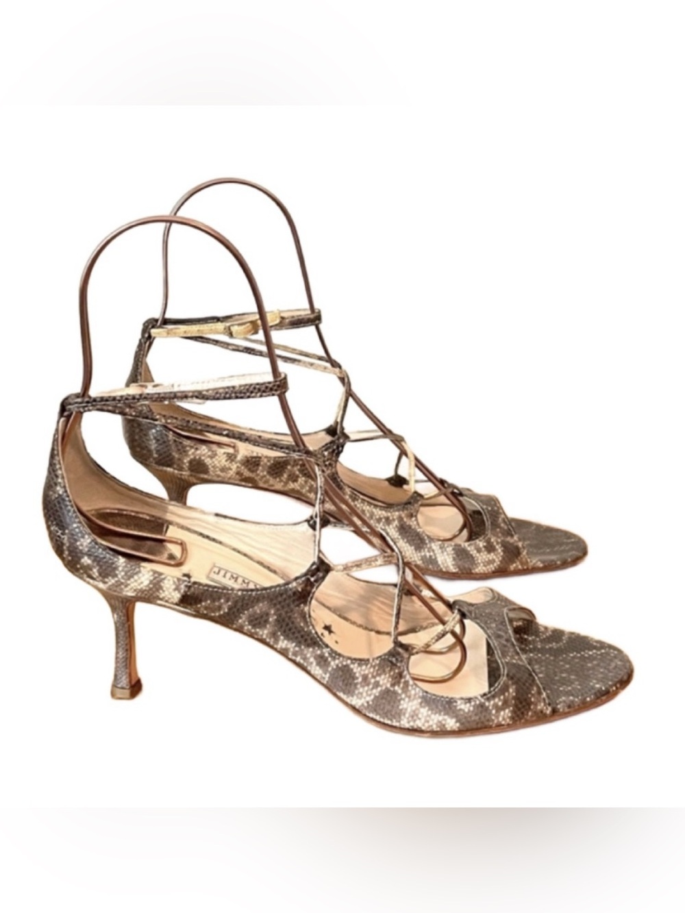 Jimmy Choo Metallic Snake-Print Strappy Kitten Heels - Gold/Brown